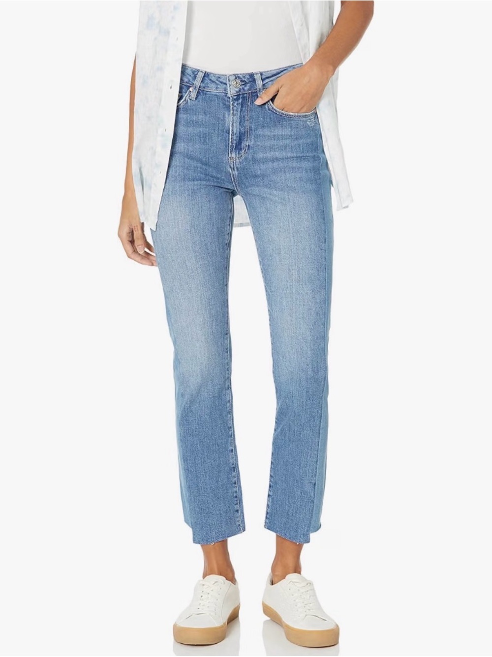 PAIGE Cindy Alette Distressed High Rise Straight Ankle Jeans Light Wash Two Tone